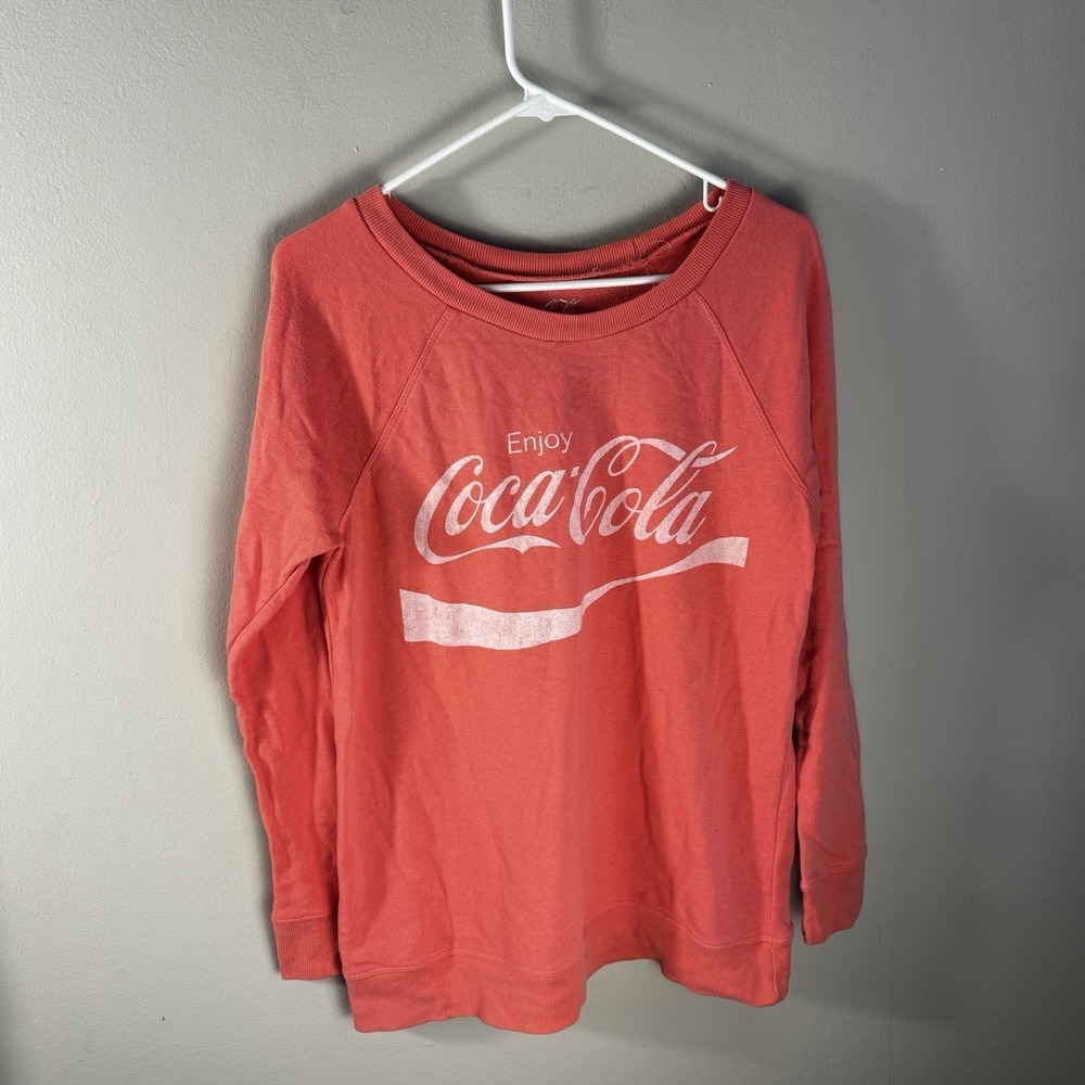 Coca-Cola Women Graphic Sweatshirt Coral Pink Raglan Sleeve Logo Large